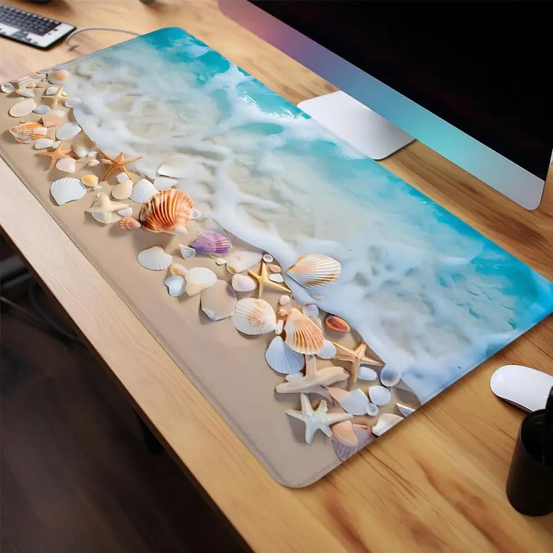 Beach Shell Ocean Wave Pattern Mouse Pad, Rectangle Gaming Mouse Pad, Non-Slip Rubber Base Stitched Edge Desk Pad for Home Office Game Room, Gaming Desk Accessory