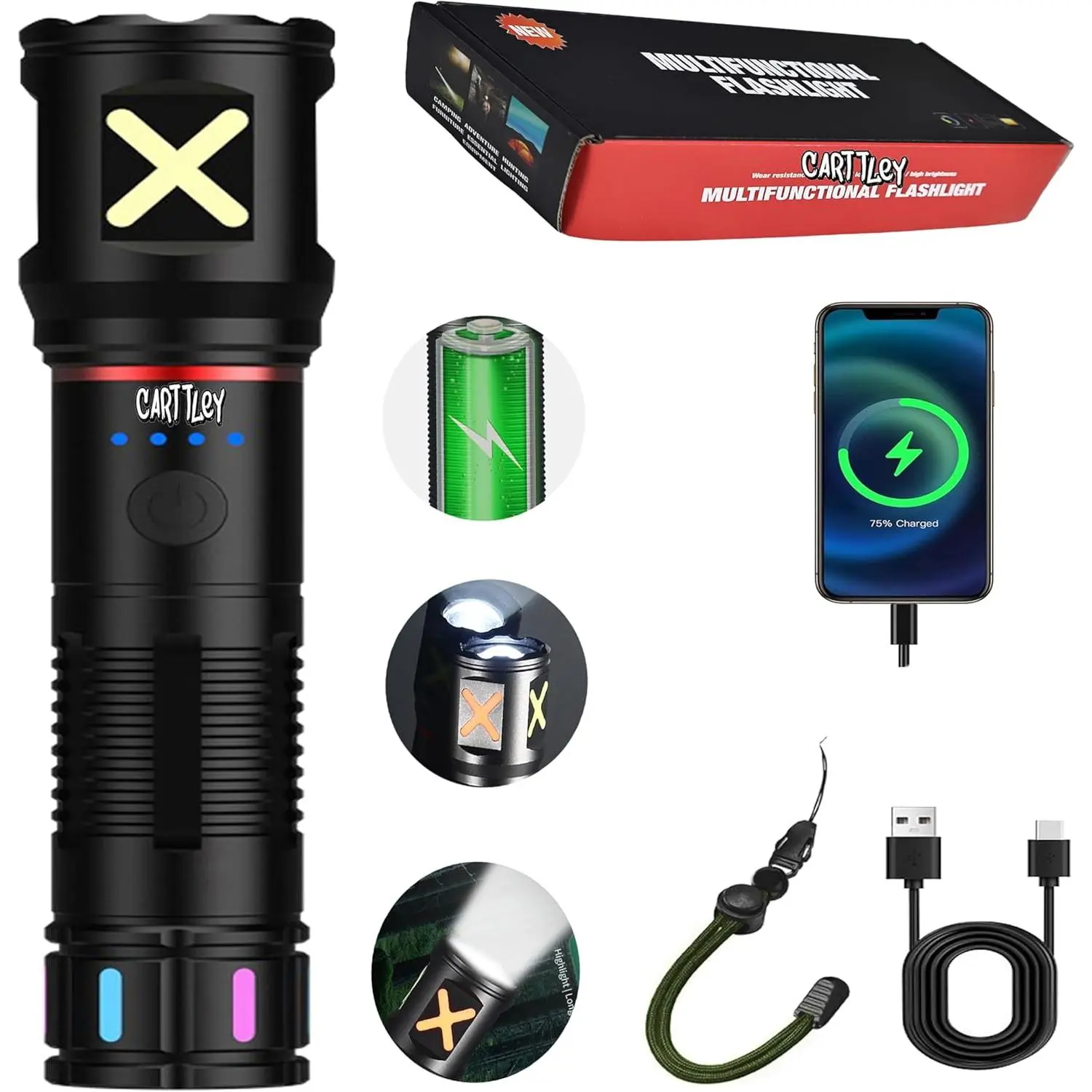 Super Bright Rechargeable 160000 High Lumens Waterproof LED Flashlight with Zoom Handheld Suppressor Hiking Camping Portable powerful handheld Rechargeable LED ip67 waterproof Outdoor