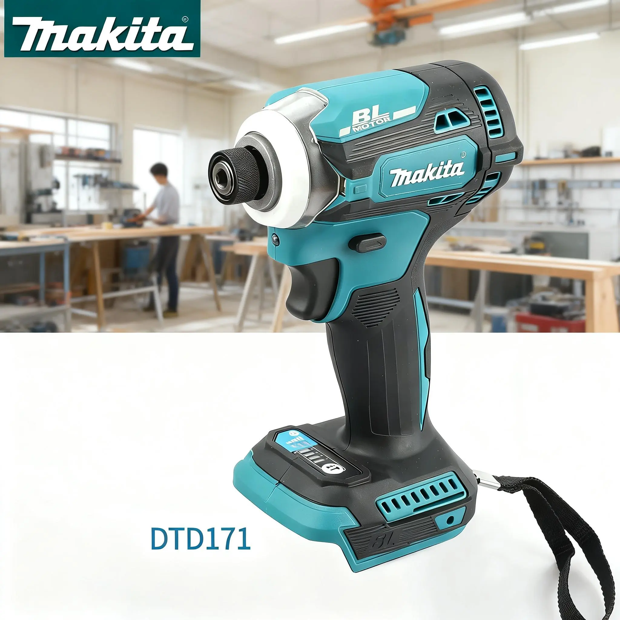 Makita DTD171 impact screwdriver, a brushless motor power tool with a built-in LED work light, rechargeable screwdriver/drill bits, suitable for various woodworking and construction projects or DIY projects.