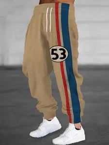 2026 New Trendy 3D Digital Khaki Pants with Red and Blue Stripes and Number 53 Print Men's Sweatpants with Personalized Street Style Cartoon Letter Print Casual Sports Jogger Pants