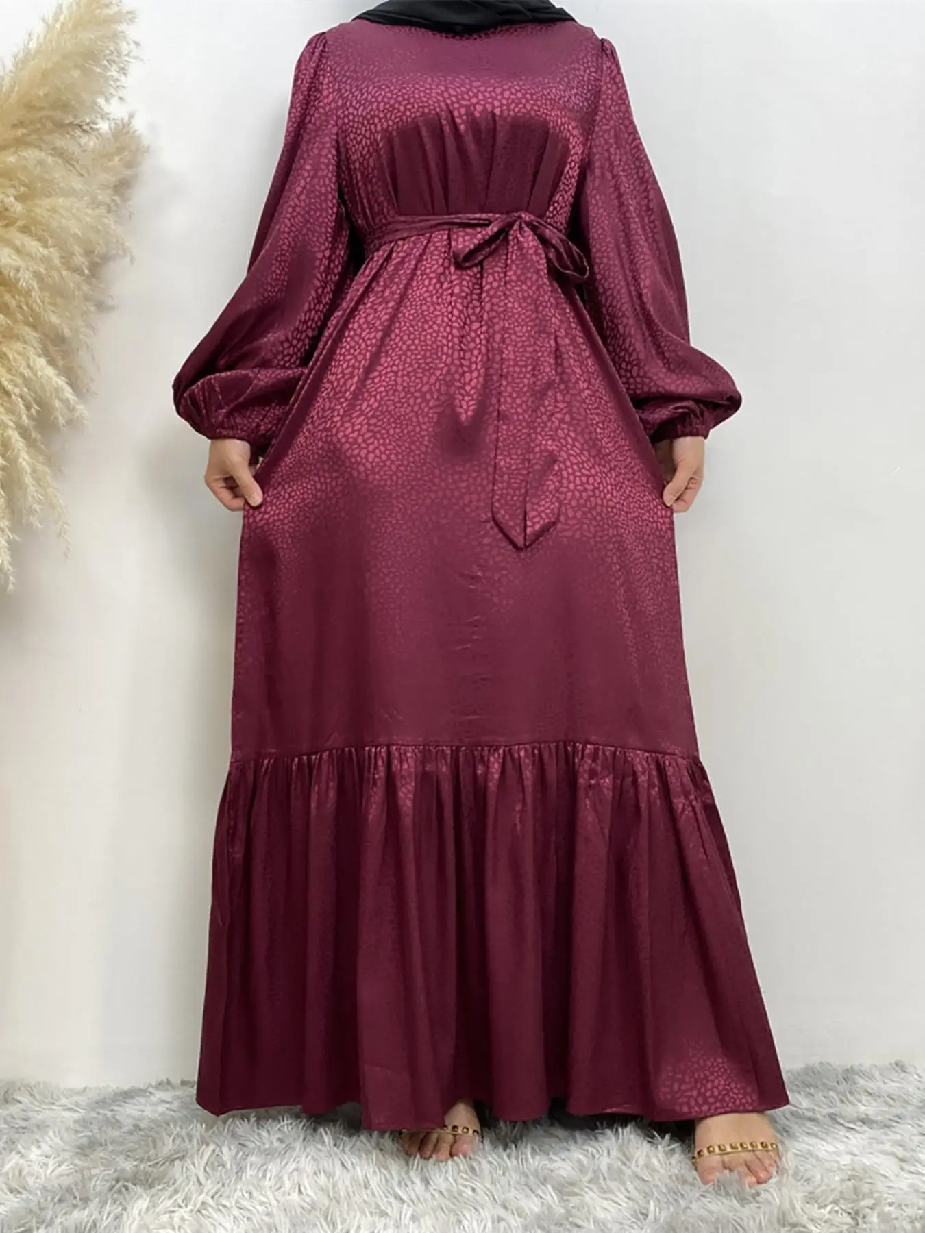 Women's Plain Ruffle Hem Belted Lantern Sleeve Dress, Modest Long Sleeve Round Neck A Line Dress for Party Holiday Wedding Guest, Ladies Summer Islami