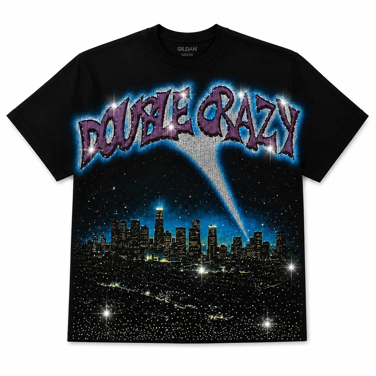 Y2K Sparkle Graphic T-Shirt - Rhinestone Starry City Skyline Print, Black Tee, Cyber Grunge Retro Streetwear, Unisex Gift