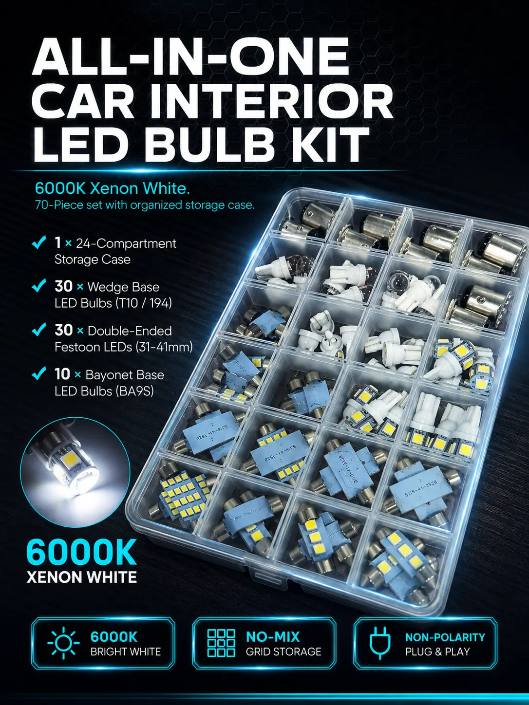 70-PCS Car Interior LED Bulbs Assortment Kit with Organized Storage Case, T10 194 Festoon LED Lights 6000K Xenon White for Dome Map Trunk License Plate