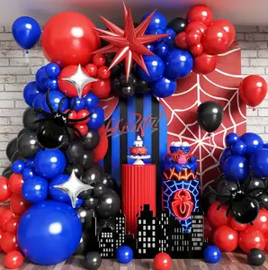 130Pcs Spider balloon set party theme, including blue red black and silver balloons balloon set, red explosion star and silver star balloons for birthday parties and theme parties