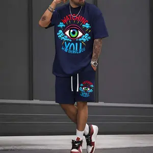 Men’s Summer 2 Piece Set, Watching Eyes Hiphop Street Style Print Short Sleeve T Shirt and Drawstring Shorts Matching Outfit, Lightweight Breathable Casual Set for Travel, Streetwear, Beach, Vacation, and Daily Wear