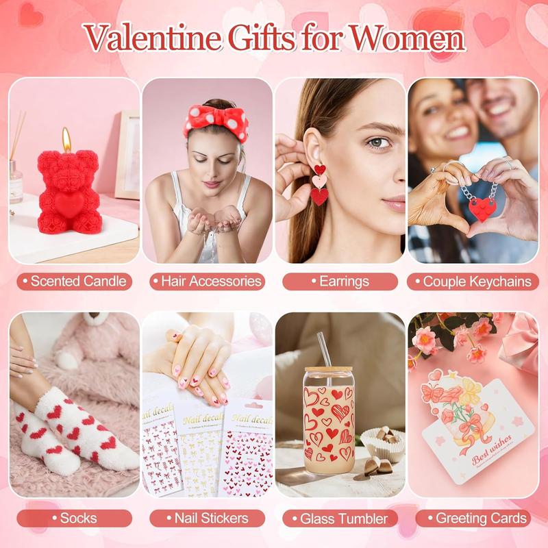 Valentines Day Gifts for Her Basket - 11Pcs Valentines Basket for Women, Red Gifts Box with 20 oz Tumbler with Lid, Rose & Red Heart Keychain for Mom Teacher Wife Daughter Teen Girls Girlfriend