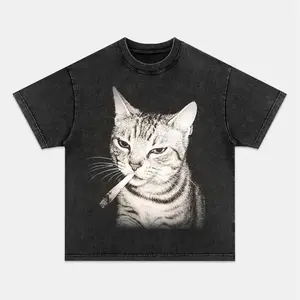 Cool Cat Retro Street Style Vintage Crew Neck Oversized T-Shirt, Acid Wash Pullover with Heavyweight Cotton Y2k Clothes for Men Women, Unisex Regular Fit Casual Comfort Breathable Short Sleeve Graphic Tee for Trendy Outfit, Men&Women's Top for Daily Wear