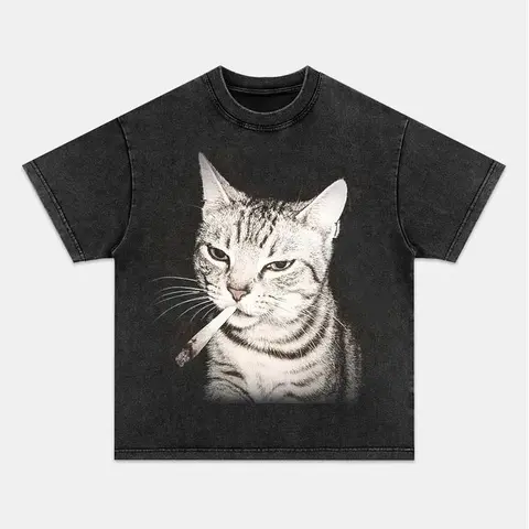 Men's Oversized Round Neck Short Sleeve Distressed Retro Acid Wash Heavyweight Cotton Tee - Fabric, Ribbed, Soft, Breathable, Cool Cat Print, Street Style, Unisex Casual Daily Pullover Tshirt