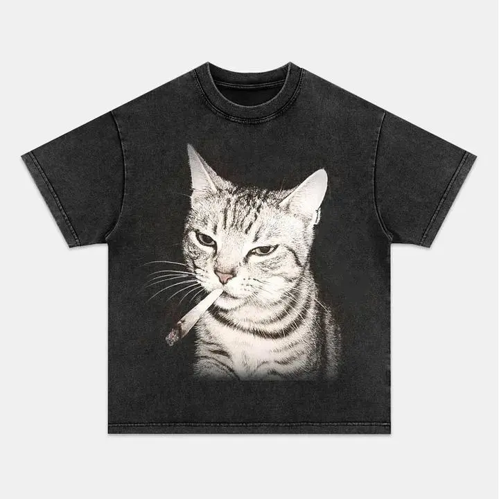 Men's Oversized Round Neck Short Sleeve Distressed Retro Acid Wash Heavyweight Cotton Tee - Fabric, Ribbed, Soft, Breathable, Cool Cat Print, Street Style, Unisex Casual Daily Pullover Tshirt