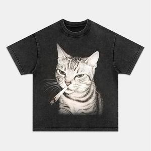 Cool Cat Retro Street Style Vintage Crew Neck Oversized T-Shirt, Acid Wash Pullover with Heavyweight Cotton Y2k Clothes for Men Women, Unisex Regular Fit Casual Comfort Breathable Short Sleeve Graphic Tee for Trendy Outfit, Men&Women's Top for Daily Wear