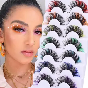 Fluffy Colored Mink Eyelashes with Natural Wispy Strip, 5D Volume, Rainbow Colors, Pack of 7 Pairs - Makeup