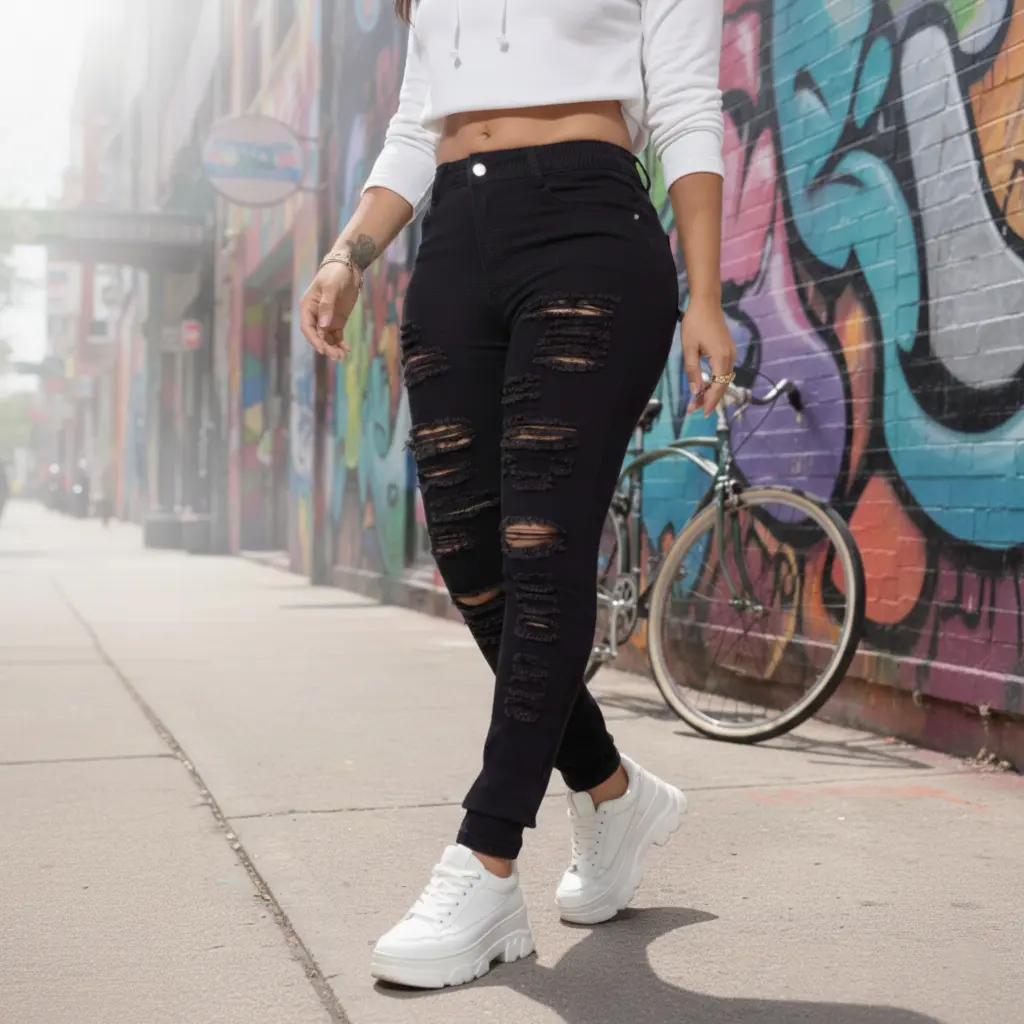 Women's Mid Waist Ripped Stretchy Skinny Jeans - Aesthetic High Waisted Black Denim Spandex Crop Bottoms with Zipper, Button, Comfortable Streetwear for Summer,summerwins