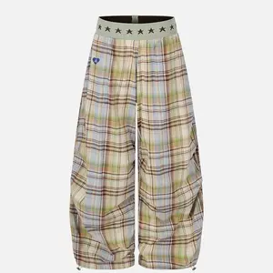 Aelfric Eden Star Waist Plaid Baggy Barrel Pants High Waist Balloon Barrel Silhouette Star Print Waistband Fresh Plaid Fabric Adjustable Ankle Drawstring Retro Streetwear Unisex Bottoms
