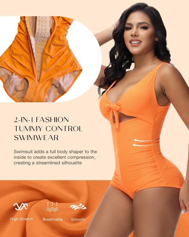 SHAPSHE Women's Tummy Control Swimsuit One Piece Slimming Bathing Suit Cutout Tie Knot Front Push Up Swimwear