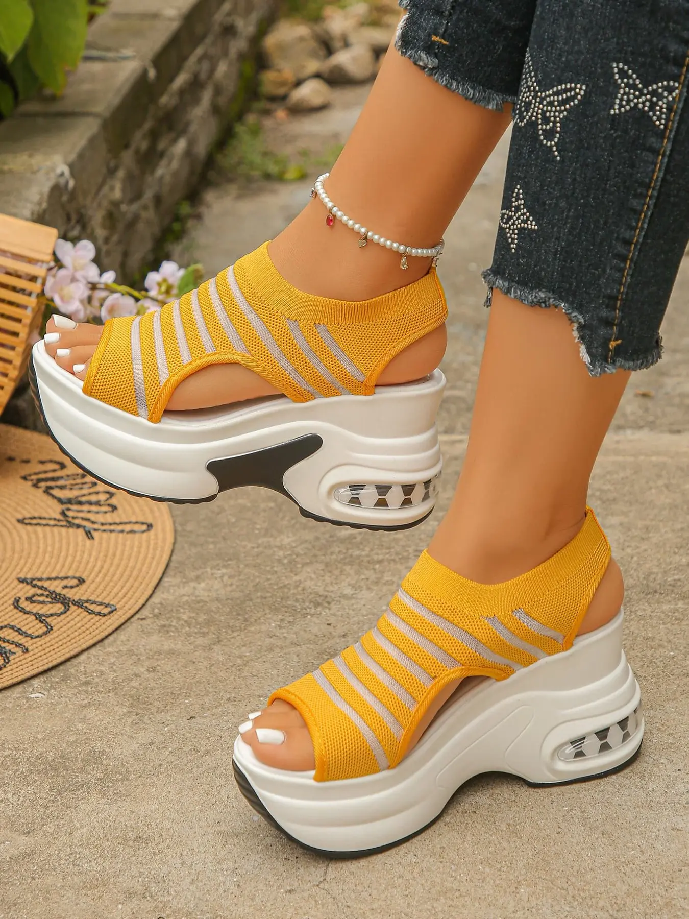 Women's Everyday Versatile Slingback Knit Cutout Wedge Casual Sandals, Open Toe Slip-On Breathable Platform Slides, Simple & Stylish Design, Match Various Outfits, Lightweight, Easy to Clean, Ideal for Errands, Meet-Ups & Relaxed Summer Days