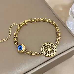 Gold Sacred Geometry Evil Eye Protective Charm Bracelet - Minimalist Boho Fashion Accessory, Everyday Wear Gift