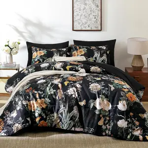 Black Comforter Set Queen, 7 Pieces Bed in a Bag Botanical Floral Comforter Bedding Set, Soft Microfiber Comforter with Flat Sheet, Fitted Sheet, Pillow Shams, Pillowcases