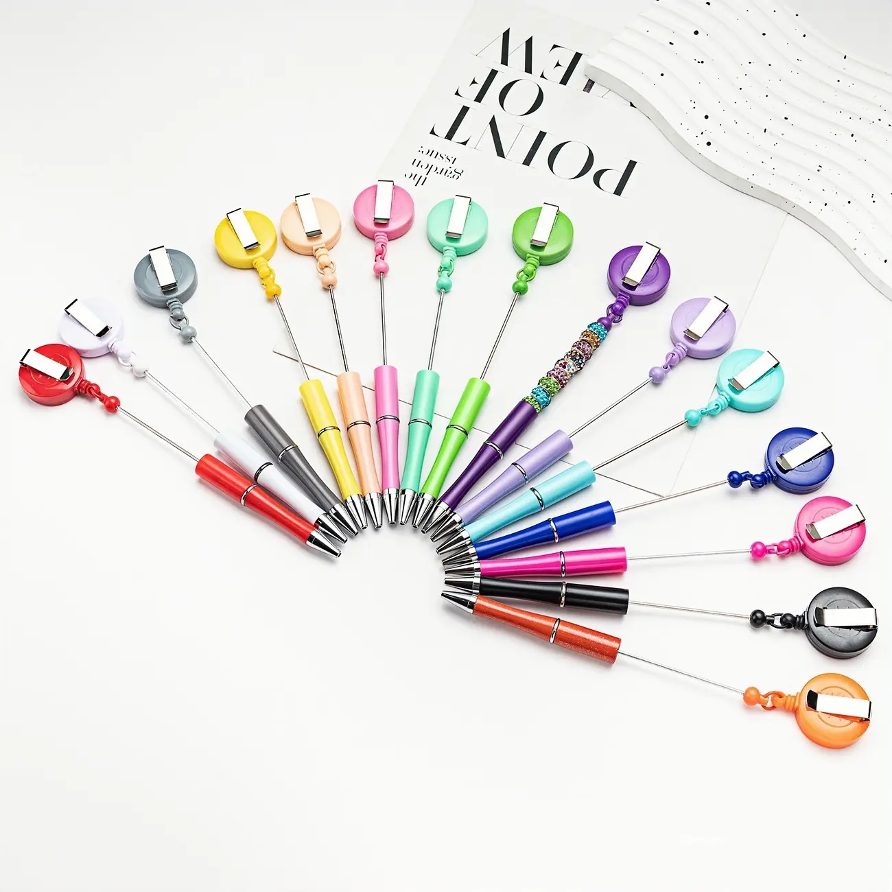 Expandable ID Card Holder Beaded Pen Set, Nurse Badge Reel Retractable Badge Holder, Multiple Colors Available, 5pcs/10pcs Suitable for Nurses & Office Use