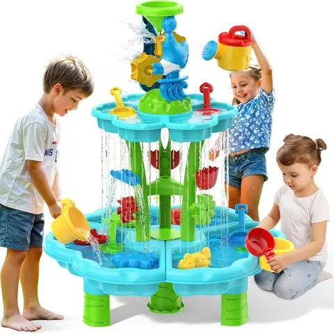 Kids Flower Water Sand Table for Toddlers - 2-Tier Outdoor Water Sand Play Table Toys for Boys Girls, Summer Splash Activity Sensory Table Party Birthday Gift for Kids 3-5 6-12