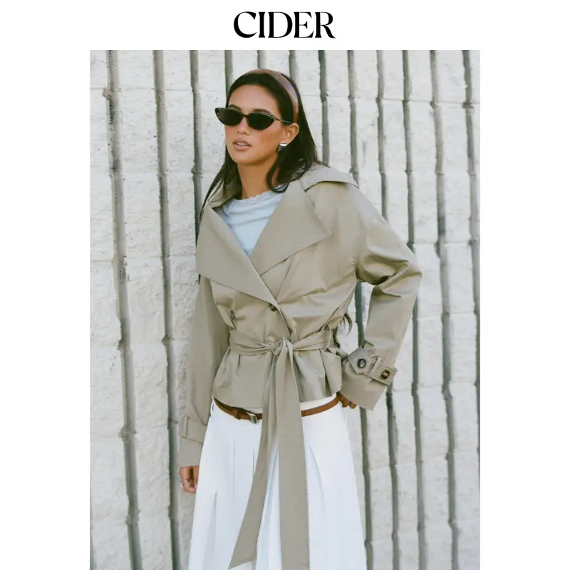 Cider Cotton-blend Collar Long Sleeve Belted Crop Windbreaker