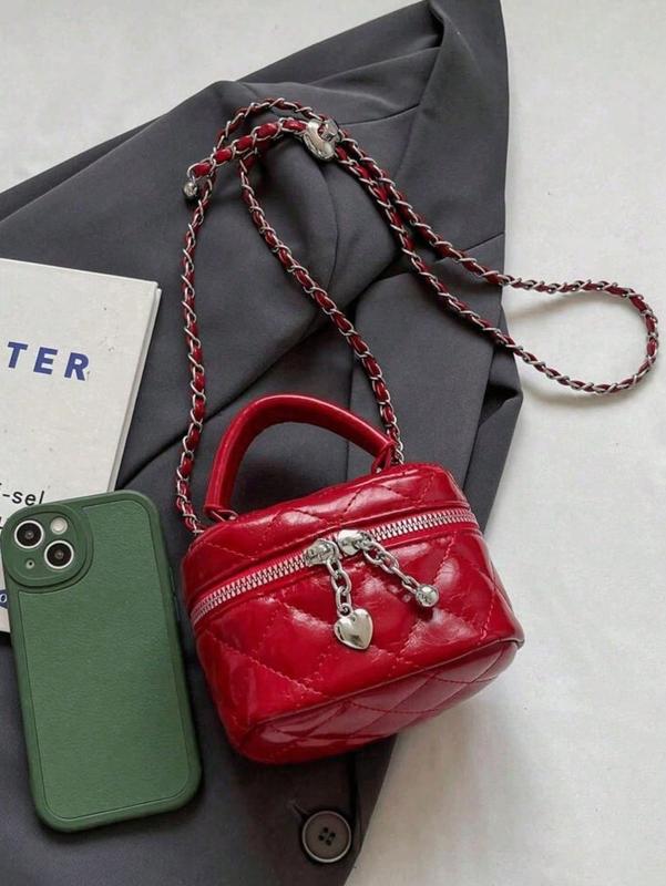 Mini Women's Handbag - Solid Red Quilted Crossbody Bag with Heart Charm Zipper, Chain Strap, and Top Handle, Cute Card/Key Coin Purse, Y2K Style Bag for Daily/Shopping/Travel
