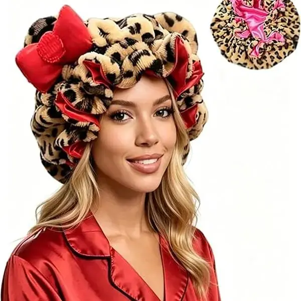 Pink Leopard Print Hair Bonnet for Women, Teddy Bear Ear Satin-Lined Sleep Cap, Adjustable Elastic Sleeping Bonnet, Cute Animal Print Hair Cover for Nighttime, Home Hair Accessory, Cozy Gift for Her
