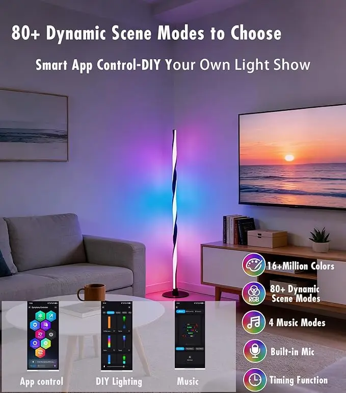 Bluetooth Smart RGBWIC Floor Lamp-Torchere, Alexa-Compatible LED Corner Lamp, Music Sync, 16M DIY Colors, Free Assemble, DC Power Supply, Ideal for Gaming Time & Holiday Decor, Black