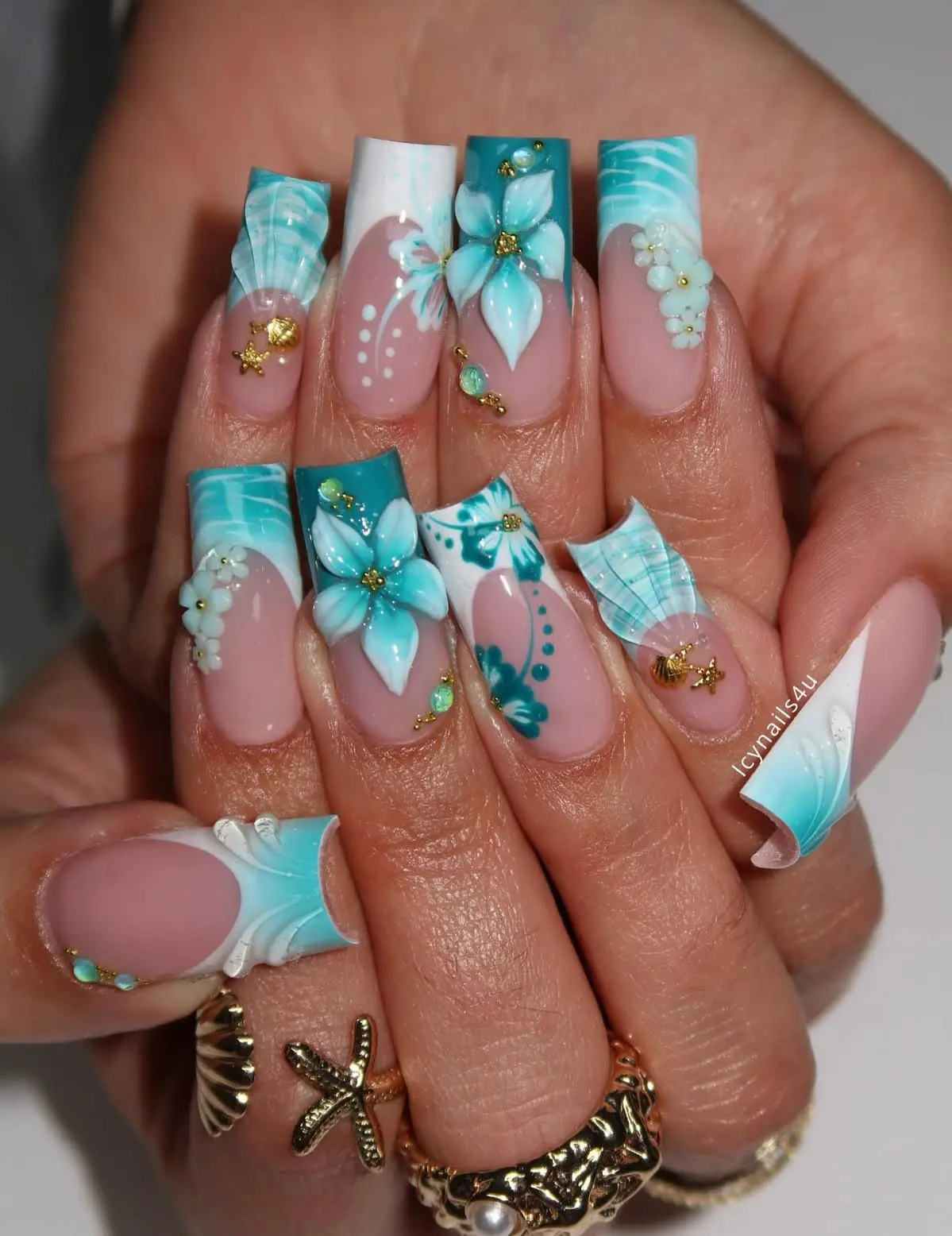 Ocean Mermaid Square Press-On Nails | 3D Teal Floral & Seashell Art | Realistic Water Ripple Details | Gold Starfish Charms | High-Quality Unique Summer Vacation Handmade Set