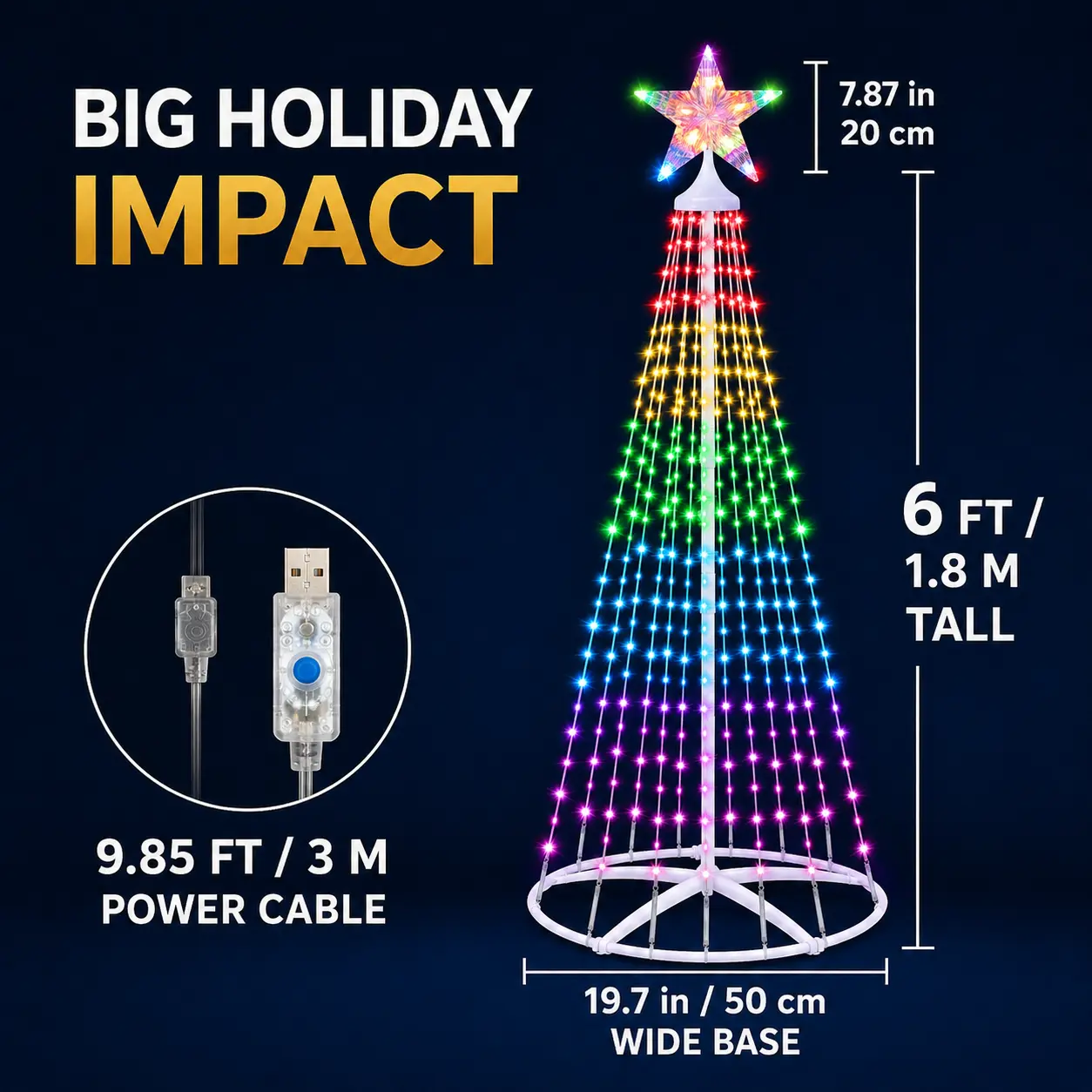6FT Color-Changing LED Christmas Cone Tree Lights with Lighted Star, USB-Powered, IP65 Weather-Resistant Outdoor Home Decoration for Yard, Porch