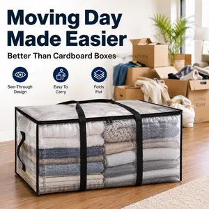 86L Transparent Moving Storage Bags with Backpack Straps - Heavy-Duty Zippered Organiser Totes for Clothes, Bedding Home Organization