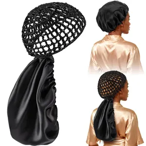 Black 2-in-1 Reversible Hair Wrap Cap Bonnet, Adjustable Double-Layer Hairsaver with Net, for Curly/Natural/Braided Locs Sleeping, Silk Press & Braid Protection