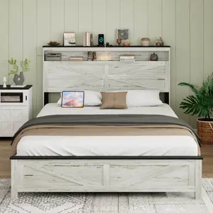 Full/Queen/King Size Bed Frame with Storage Headboard & LED Lights, Farmhouse Full/Queen/King Platform Bed Frame with Charging Station, Noise-Free, No Box Spring Needed, Easy Assembly, Antique White+Gray
