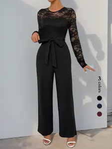 Women's Plain     Tie Front Jumpsuit, Elegant Fashion Casual Jumpsuit for Daily Outdoor Wear, Women Jumpsuits for Spring & Fall