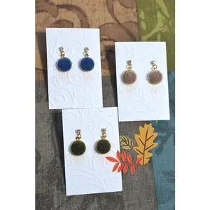 Furry Rhinestone Drop Earrings - Gray/Blue/Taupe