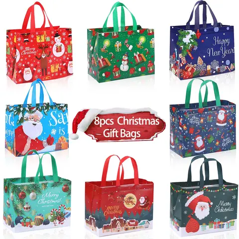 8 Large Christmas Gift Bags, Durable Reusable Holiday Packaging Solution, Open Size Approximately 12.6 x 10 x 7 Inches, Perfect for Gifts, New Year, Present Wrapping, Party Gift Packs