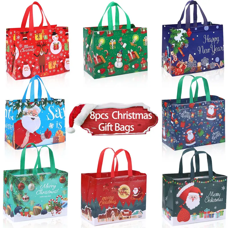 8 Large Christmas Gift Bags, Durable Reusable Holiday Packaging Solution, Open Size Approximately 12.6 x 10 x 7 Inches, Perfect for Gifts, New Year, Present Wrapping, Party Gift Packs