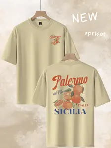 Men's Loose Fit Sicilian Palermo Print T-Shirt, Vintage Italian Fruit Pattern Casual Short Sleeve, Sicily Travel Theme Men's Top
