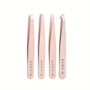4-piece set — eyebrow tweezers kit with slanted mouth and pointed tip design for precise removal of eyebrows, facial hair, ingrown hairs, splinters, blackheads, and ticks (rose gold), suitable for eyelash extensions