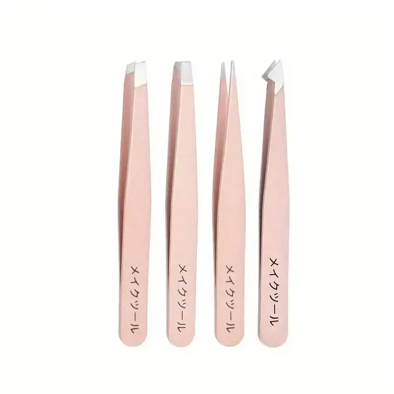 Rose Gold 4-Piece Eyebrow Tweezers Kit - Eyebrow Styling Kit with Slanted Mouth, Pointed Tip for Precise Facial Hair, Ingrown Hair Removal; Suitable for Eyelash Extensions