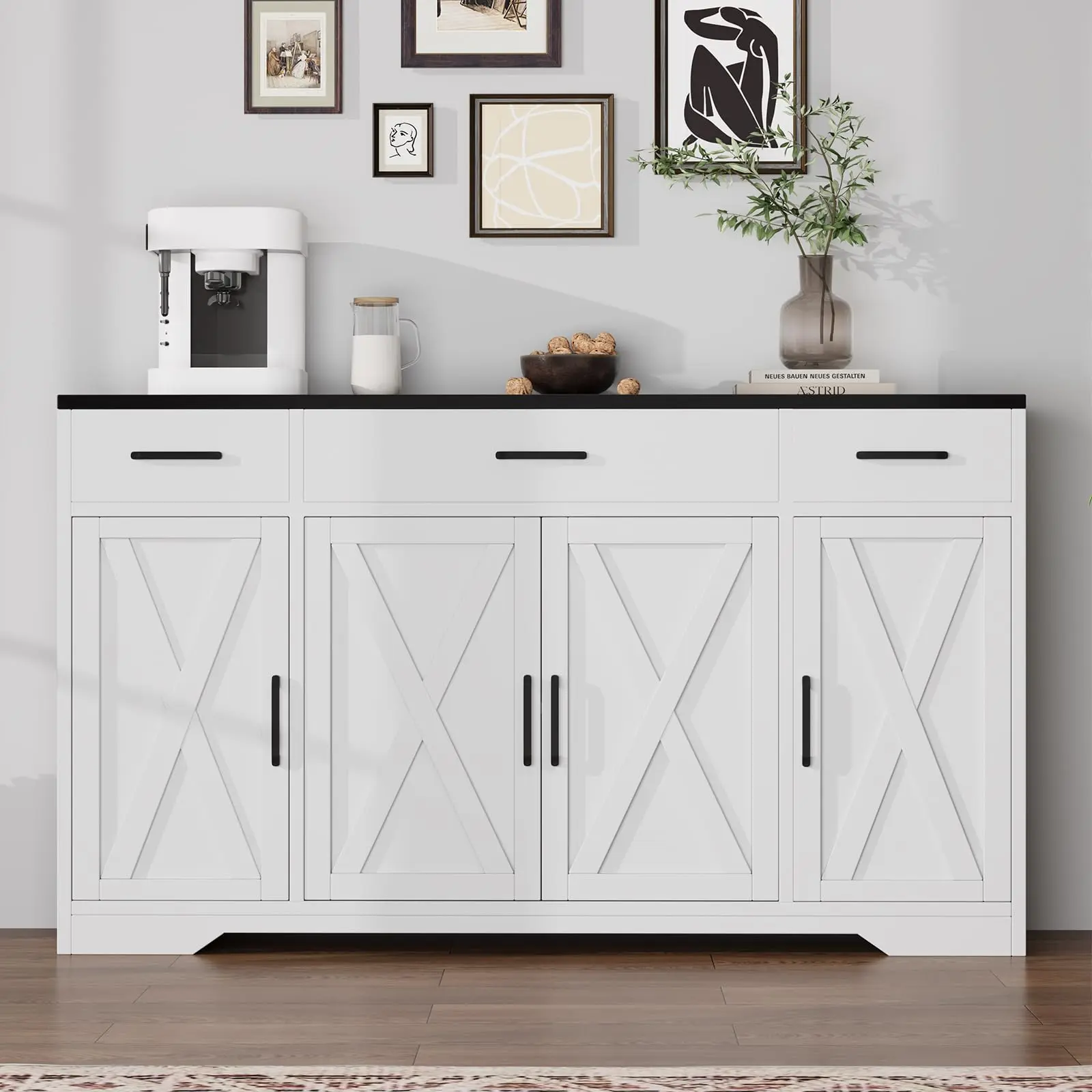 Garvee Modern 55" Farmhouse Entryway Sideboard Cabinet - 4 Doors, Adjustable Shelves & 3 Drawers, Versatile Buffet Storage for Kitchen, Living Room, or Hallway