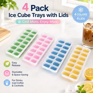 4 Pack Silicone Ice Cube Trays with Lids, Easy Release Stackable Ice Molds for Freezer, Drinks, Iced Coffee & Cocktails