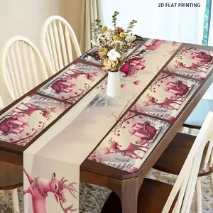 2D flat printing, 1 piece/4 pieces/6 pieces/5 pieces/7 pieces set, Christmas pink deer sled pattern decorative table mat set, essential restaurant and kitchen desktop decoration for holiday parties, indoor and outdoor daily dining table accessories