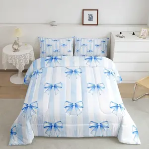 Blue Bowknot Kids Comforter Set,Geometric Stripes Bow Tie Patchwork Dreamy Bedding Set,Girls Women Room Decor,Butterfly Knot Princess Down Comforter,Cute Chic Duvet Insert