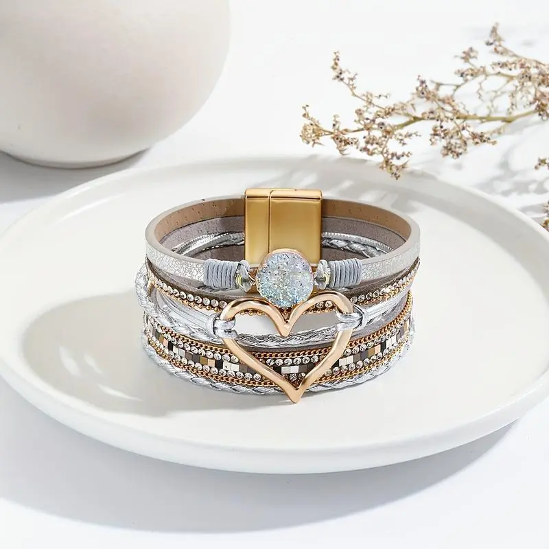 1pc Boho Chic Multi-Layer Faux Leather Bracelet with Synthetic December Birthstone, Heart Charm, and Magnetic Clasp - Versatile Accessory for Daily and Party Occasions, Spring Festival Ready 1pc Boho Chic Multi-Layer Faux Leather Bracelet with Synthetic December Birthstone, Heart Charm, and Magnetic Clasp - Versatile Accessory for Daily and Party Occasions, Spring Festival Ready