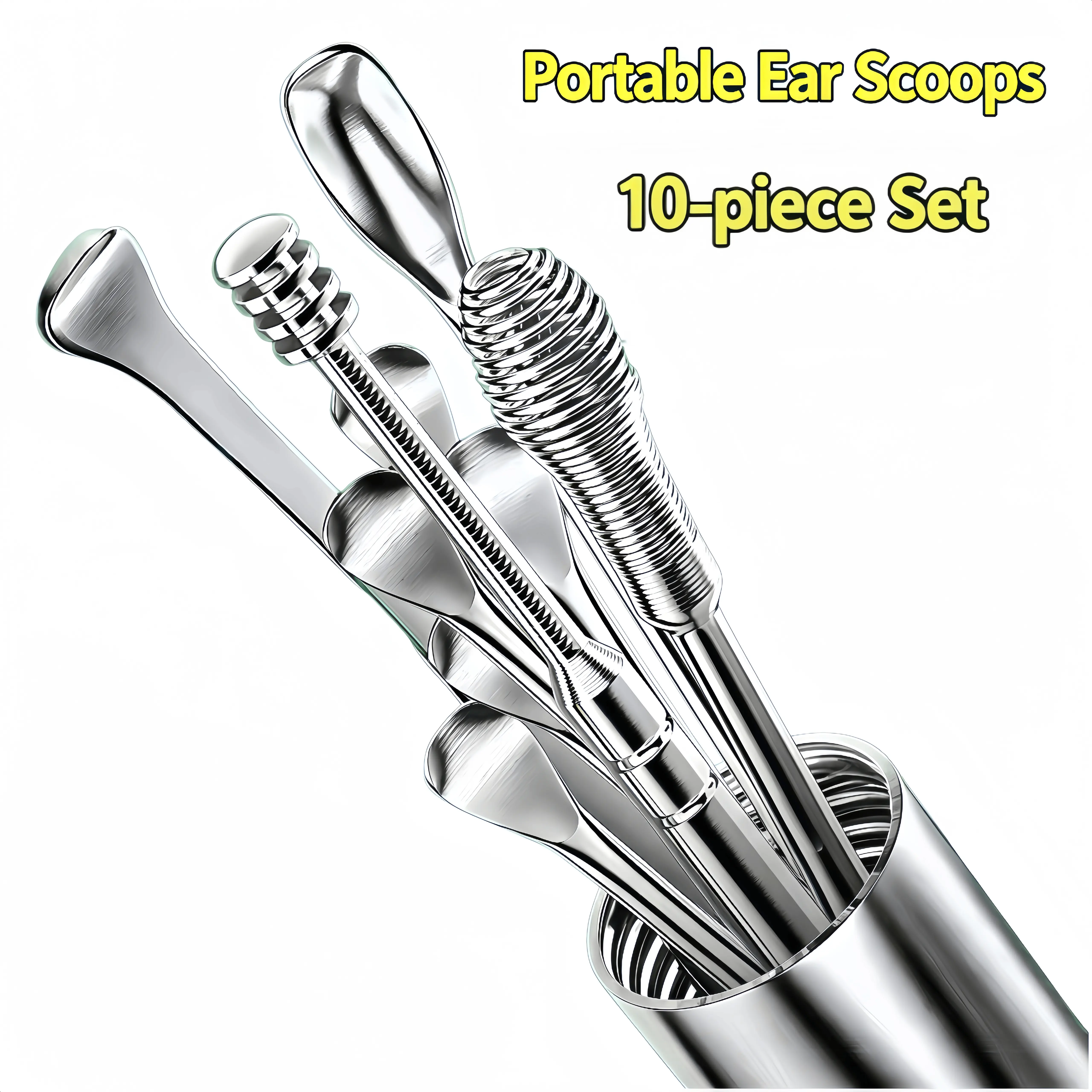 10-Piece Ear Pick Kit - Stainless Steel Reusable Tools, Rotating Tips, Lightweight Portable Keychain, Gentle Scratchfree, Sanitize & Reuse, Eliminates Irritation, Universal Fit Unisex Adult Daily Care Party Gift