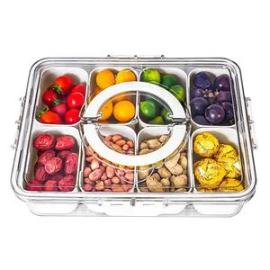 Transparent Storage Box with Handle and Lid - 8-grid Portable Snack Platter, Candy, Fruit, Nuts, Spice Split Tray, Suitable for Kitchen, Living Room, Refrigerator Organiser Plastic Buckle Rectangle