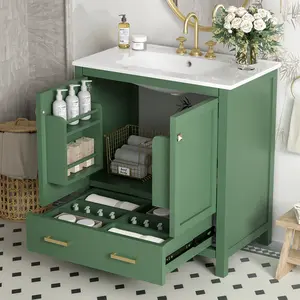 YYDS 30 Inch Green Bathroom Vanity with Single Sink, Combination Under Counter Sink, Bathroom Storage Cabinet with 2 Doors and a Drawer, Soft Closure, Multifunctional Storage(WF324043)