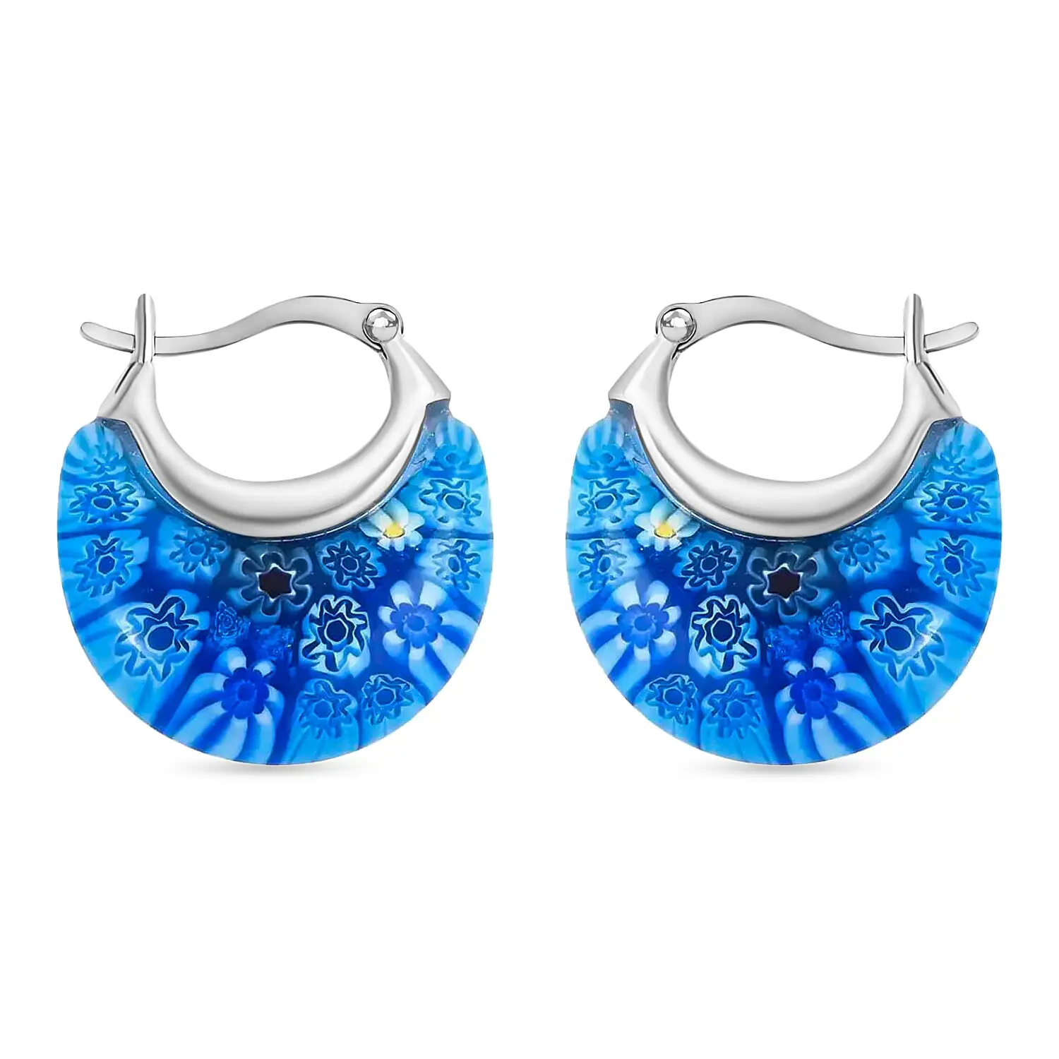 Blue Murano Style Basket Hoop Earrings in Stainless Steel