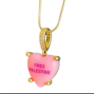 FREE PALESTINE Heart Necklace with Stainless Steel Gold Chain and Pink Enamel Pendant for Women