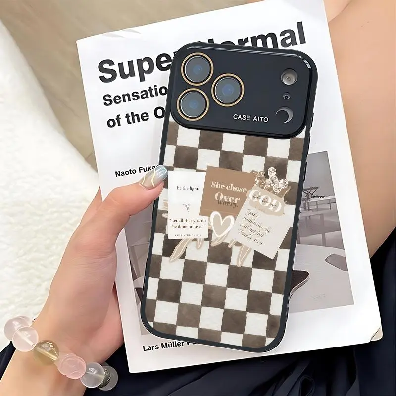 Checkerboard scripture sticker pattern phone case. Available for iPhone 17 Pro Max, 16 Pro Max, 15 Pro Max and 14 Pro Max. With lens protection. iPhone 15, 14, 13, 12. Made of skin-friendly TPU material.